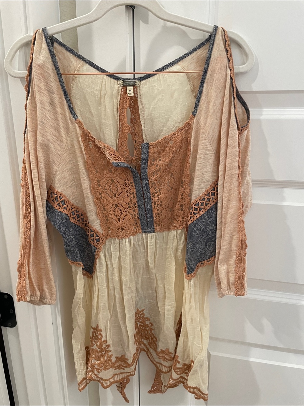 Boho Lace-Trim Peasant Top - Peach & Cream plus Sweater